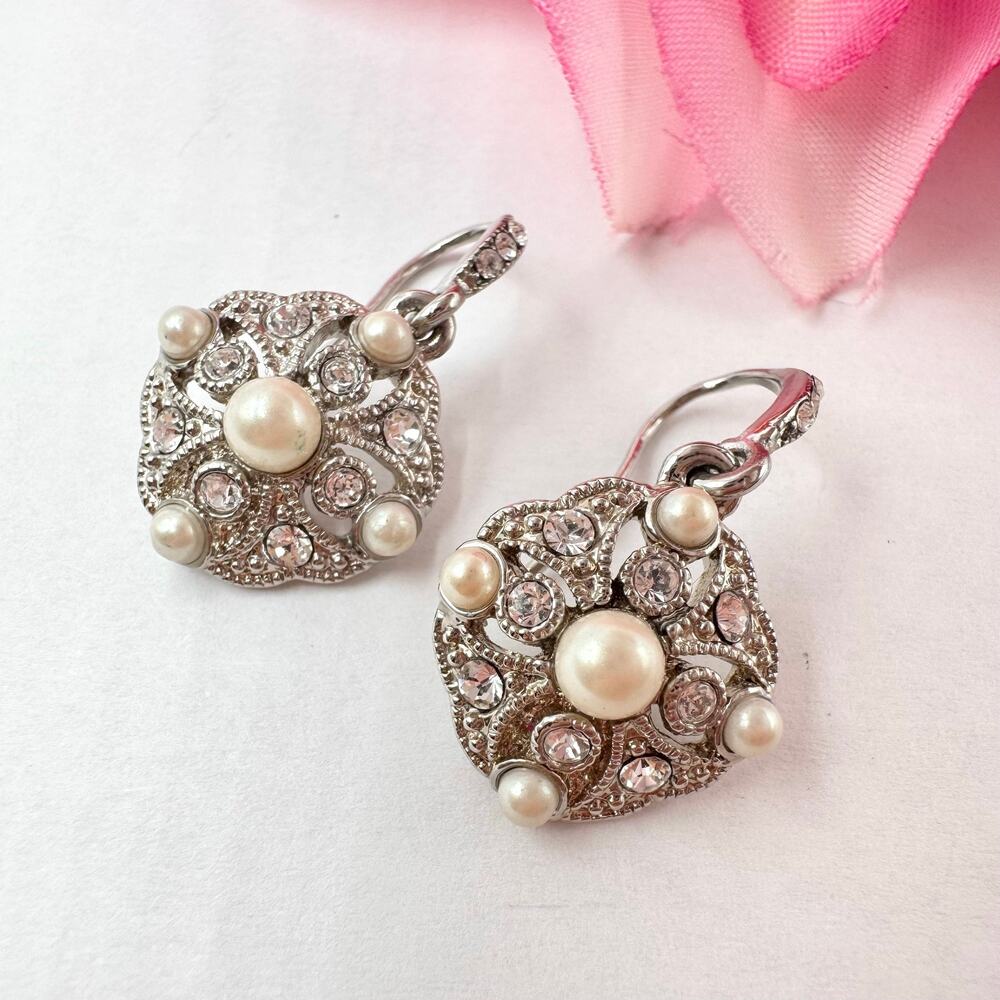 Vintage Carolee Bridal Earrings Filigree Faux Pearl Rhinestone Elegant Opulent